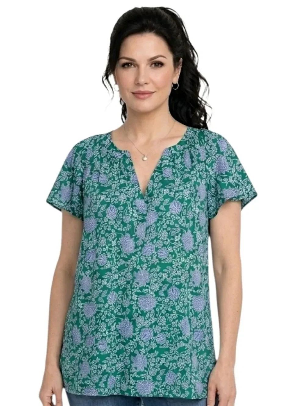 Sonoma Goods For Life V-Neck Green & Lavender Floral Print Flutter Sleeve Top 1X